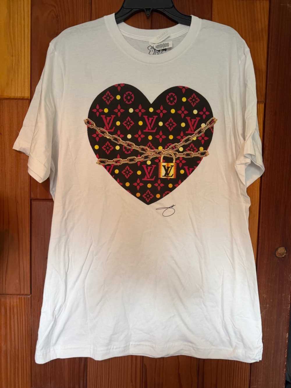 White Graphic Short Sleeve Tee with Black Heart Logo Print